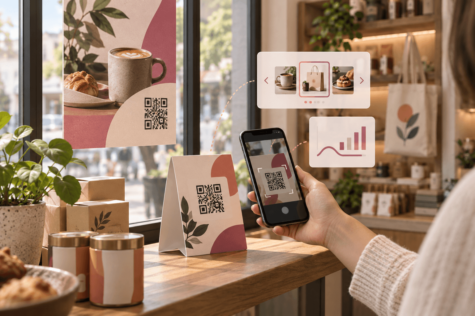 A shopper scanning a QR code on a retail counter display, with product and analytics panels in view